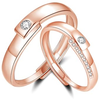 Bewenda Silber Paar Ringe, 925 Sterling Silber Partner Ringe für Damen & Herren, Verstellbar Partnerringe Verlobungsring Hochzeitsring, Einfach Offen Eheringe Band Ring mit Weiß Zirkonia Geschenkbox