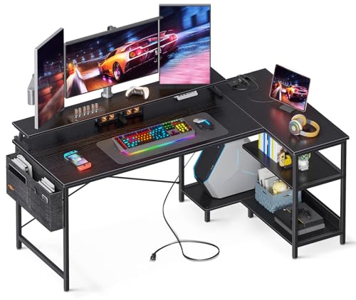 ODK Escritorio Gaming en L, 147x80cm Escritorio Esquinero Reversible con Puerto de Carga USB y Toma de Corriente, Mesa en L con Estante&Soporte de Monitor para Hogar, Oficina, Gaming, Negro
