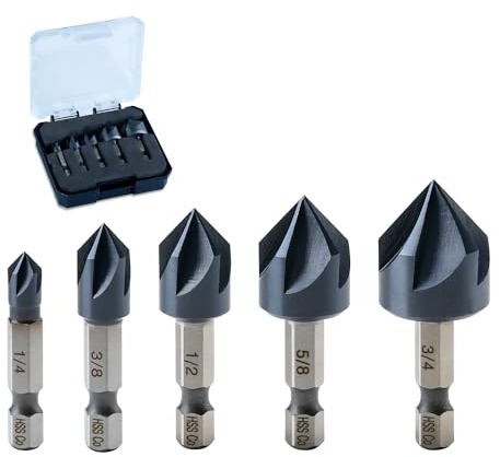 toolant Noir-Ti Cobalt Countersink Drill Bit Set(Pro), Titanium Aluminum Nitride Coated with Quick Change Hex Shank, 5-Piece 1/4 - 3/4