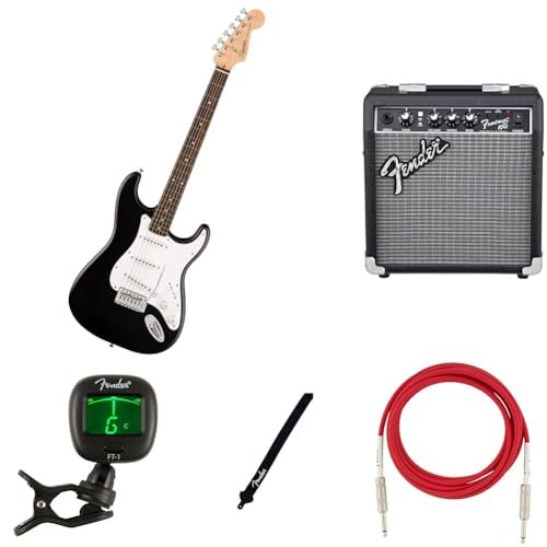 Squier by Fender Debut Collection Kit di Chitarra Elettrica Stratocaster per Principianti, include Amplificatore, Cavo, Tracolla e Accordatore, Nero