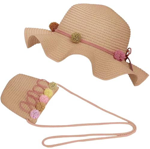 Cappello Da Spiaggia Estivo e Mini Di Borse Set,Cappello Da Sole In Paglia Bambino,Cappello Di Paglia Estivo Per Bambini a Tesa Larga Per I Bambini Turismo Vacanze Spiaggia Attività All'Aperto(Cachi)