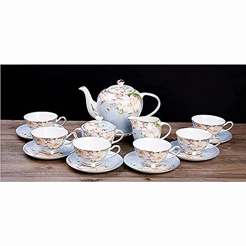 JKJZSALJ Juego De Té De Porcelana Estilo Corte De 15 Piezas para Adultos, Porcelana De Hueso, Tazas De Café Y Platillo Vintage, Servicio De 6 con Tetera, Azucarero, Jarra para Crema
