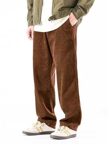 PLEPAN - Pantalon ample en velours côtelé pour homme avec taille élastique et cordon de serrage, pantalon de survêtement, marron, Taille M