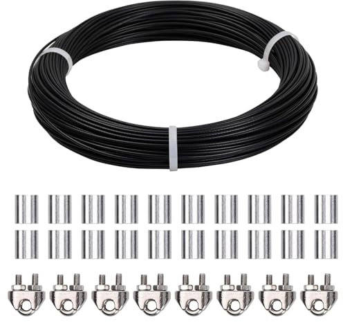 50m Stainless Steel Wire Cable 7x7 3mm with 8 Rope Clips, 20 Aluminum Sleeve, PVC Coated Garden Wire for Climbing Plants, Hanging for Clothes Line Curtains, 167kg Load (Black-3mm)
