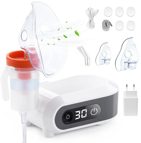 Wholede Inhalationsgeräte, Inhaliergerät für Erwachsene und Kinder, LED Digitalanzeige Vernebler mit Timerfunktion, Elektrische Inhalator mit Mundstück und Maske