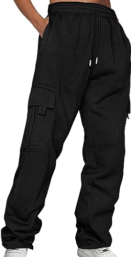 LinRim Cargohose Damen Baggy Jogginghose Breite Jogging Hose Weites Bein Elastische Taille Sweatpants Lang Sporthose Frauen Sweathose Mit Taschen Streetwear Freizeithose
