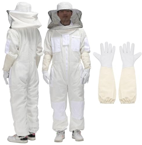 QUARKZMAN Combinaison D'Apiculture Pour Hommes Et Femmes XXL Tenue D'Apiculture Avec Gant Et Voile Rond Combinaison D'Apiculture Pour Hommes Preuve Débutant Apiculteur Épais, Blanc