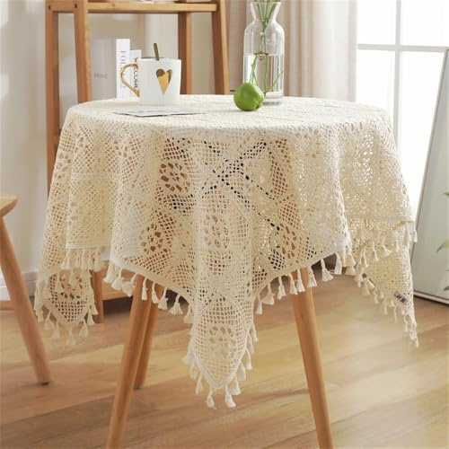 FMIYJUN Mantel de ganchillo con borlas de algodón beige retro adecuado para cocina, comedor, sala de estar, banquetes, restaurantes (beige2, 90 x 90 cm)