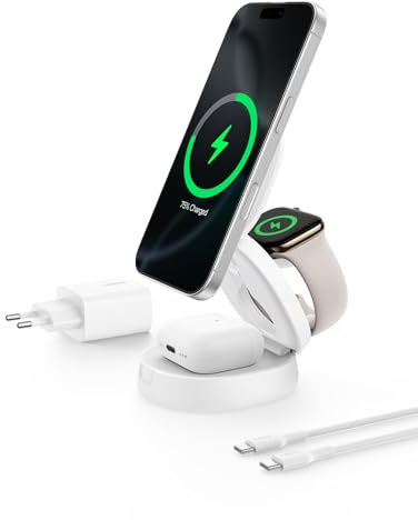 Belkin BoostCharge Caricatore Wireless Compatibile con MagSafe, Stazione di Ricarica wireless 3 in 1, Qi2 15 W per iPhone 17, Air, Apple Watch, AirPods, Pixelsnap, alimentatore da 36W - Bianco