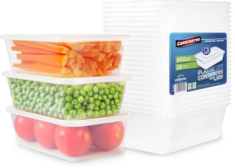 Caterserve Takeaway Plastic Containers With lids - Microwave and Dishwasher safe - Ideal for Food storage and Meal Prep - BPA free,recyclable,reusable (10-650CC)