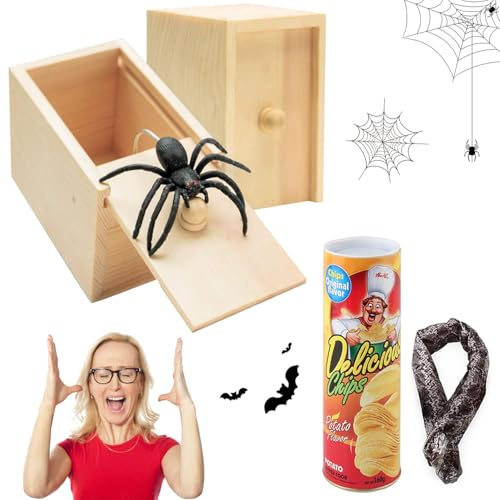 Serpiente de patatas fritas para Halloween, 2 Caja De Broma De Araña y 1 Serpiente de patatas fritas, Araña Madera Articulos de Broma, Lata de Patatas Fritas Novedosa Juguete, para Día de Tonto