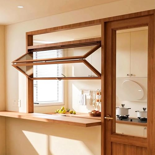 Ventana De Servicio Plegable Con Marco De Madera Maciza, Ventana Guillotina Vertical Doble Hoja, Apertura De Hasta 85° Para Cafeterías, Cocinas, Remolques De Comida Y Quioscos