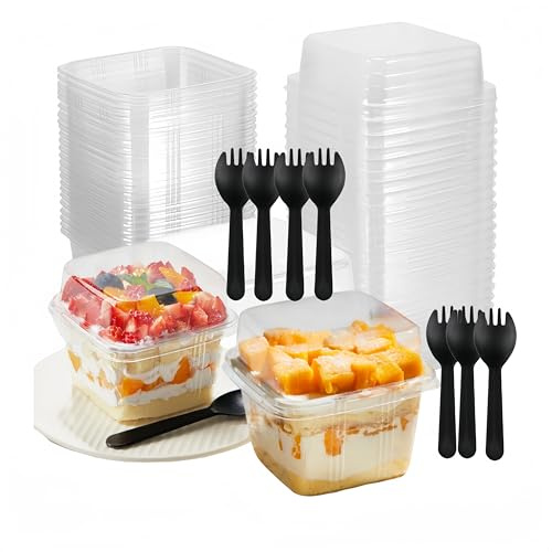 Ai-OUMLEEF 50 Pezzi Tazze da Dessert in Plastica con Coperchi, 8oz Coppe da Dessert, Monoporzione per Dolci,Finger food con coperchio e Cucchiaio, peril Gelato, Mousse, Tiramisù