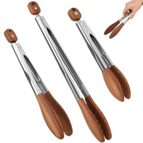KTCINA 3Pcs Wooden Tongs for Cooking, 9/11/15 Natural Walnut Wood Kitchen Tongs with Stainless Steel Non-Slip Grip, Food Serving Tong for BBQ Grilling, Salad, Toaster, Charcuterie
