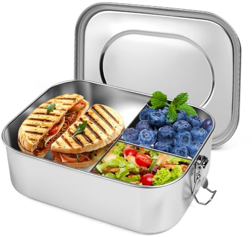 Elyyapt Stainless Steel Lunch Box 1900ml Metal Bento Box with 3 compartments Leak-Proof Portable Food Storage Container Food Sandwich Salad Boxes Tin Lunchbox with Lock Clip for Camping School Work