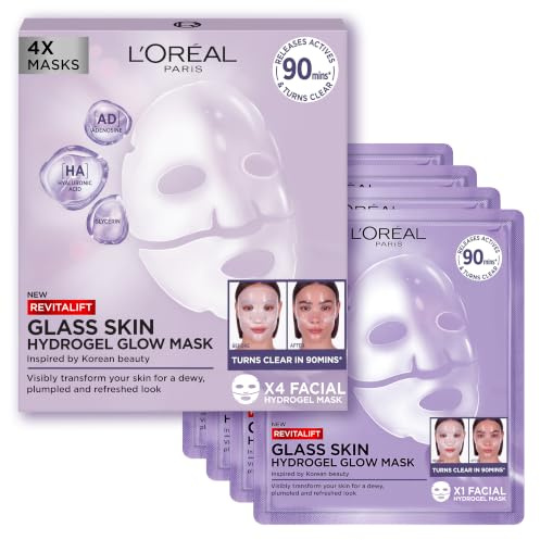 L'Oreal Paris Glass Skin Korean Face Mask 4 Pcs, Revitalift Filler Hydrogel Glow Mask, Korean Inspired Skincare, Visibly Transform Skin, Dewy, Plumped and Refreshed Look