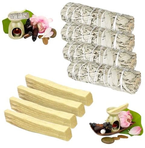 4 Weißer Salbei und 4 Palo Santo Premium Kalifornischer, 100% kontrollierte und nachhaltige Ernte, Beseitigt Negative Energien, für spirituelle und energetische Rituale