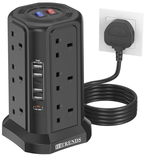 HITRENDS Tower Extension lead with USB Slots, PD18W USB C Fast Charger, 5 USB Ports & 12 Way Extension Tower (13A 3250W), Surge Protection Extension Lead with Switch, 1.8M Cable for Office & Home