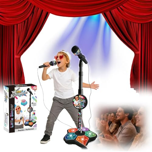 2026 Microphone Stand Kids, Multifunctional Girls Microphone and Stand, Microphones Toy, Karaoke Machine Toy with Light, with Flashing Stage Lights and Pedals, Creative Play (black)