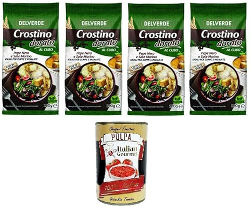 Italian Gourmet Delverde Crostino Dorato crostini Pfeffer Meersalz 4 x 100g | Pane tostato a cubetti, ideale per zuppe e insalate; geröstete Würfel mit, Gesamtnettogewicht 400 g + Kostenlos Polpa 400g