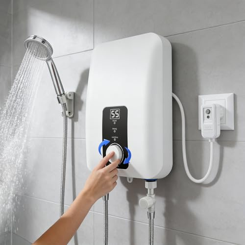 Mini Durchlauferhitzer, 5500W 220V Elektrischer Durchlauferhitzer, Mini Instant Warmwasserbereiter Durchlauferhitzer mit LED Temperaturanzeige 30-55°C für Küchenspülen, Badezimmer und Waschbecken