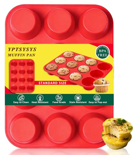 YPTSYSYS Silicone Muffin Tray, 12 Cups - Non Stick Baking Trays for Cupcakes & Brownies - (22x29.5cm) Red Baking Moulds for Muffin,BPA Free & Dishwasher Safe