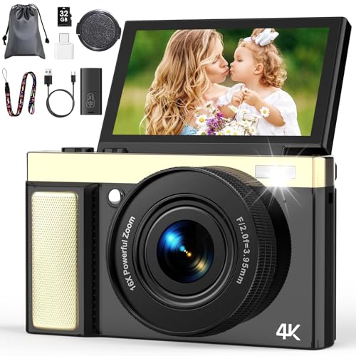 4K 64MP Digital Camera with 32GB TF Card, 3 180° Flip Screen Autofocus, 16x Zoom and Macro, Compact Rechargeable Vlogging Camera for Kids, Beginners, Adults (Black)