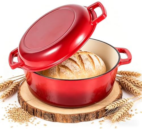 Dibaful Gusseisen Topf Brot Backen Brotbackform 26cm 5.7L Schmortopf Emaille Gusseiserner mit Deckel | Gusseisentopf Brottopf Bräter Brotbacktopf Dutch Oven Töpfe Gusseisenpfanne Kochtopf Rund Rot
