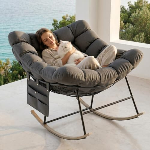 Schaukelstuhl Extrabreiter Ei-Schaukelsessel Outdoor mit Seitentasche, Relaxsessel Wippfunktion mit Abnehmbares Sitzkissen für Wohnzimmer Garten Balkon, Stahlgestell, Bis 150 kg Belastbar – Grau