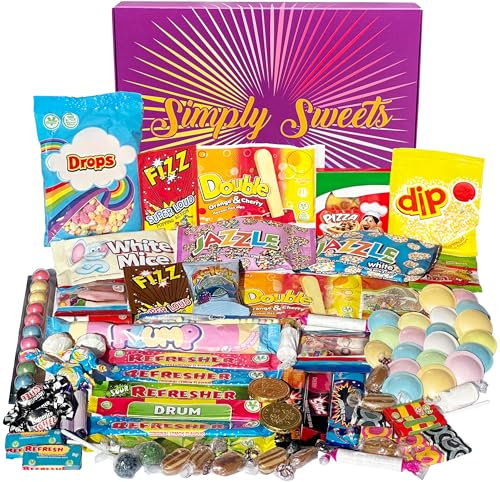 Simply Sweets mega retro sweets hamper gift box. A perfect present for Birthdays, Get Well Soon, Christmas. Packed in a fun stylish unique box. | Fun retro sweet hamper packed in a stylish gift box with sherbet, chew bars, lollies and classics for birthdays and Christmas