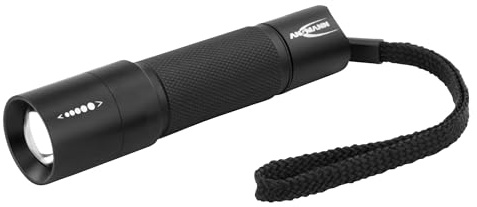 ANSMANN LED Taschenlampe M100F inkl AA Batterien - Outdoor LED Arbeitsleuchte 115 Lumen & 3 Funktionen - Handlampe mit stufenloser Fokussierung für Camping & Werkstatt - Spritzwassergeschützt IP54