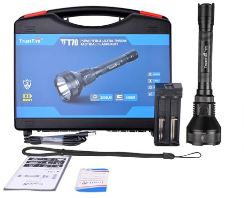 TrustFire T70 LED Taschenlampe Aufladbar, 2300 Lumen Extrem Hell, 1000 Meter Reichweite, IPX8 Wasserdicht, 5 Modi für Jagd, Camping, Wandern, Notfälle