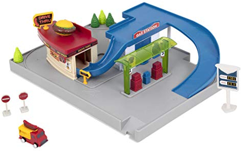 Driven by Battat – Gas Station & Drive-Thru Restaurant Playset with Food Truck – Toy with Moving Parts – Compatible with Pocket Series Tracks – For Kids Ages 3+