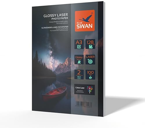 BLUE SWAN A3 Laser Fotopapier glänzend 128g/m² 100 Blatt – Beidseitig bedruckbar, hitzebeständig & tonerfest, Glanzpapier für Flyer, Broschüren, Präsentationen, Zertifikate – für alle A3 Laserdrucker