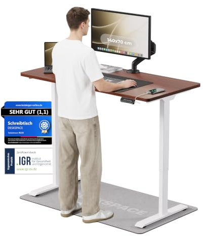DESKSPACE PRO Elektrisch höhenverstellbarer Schreibtisch (140x70 cm) | Bürotisch mit Kollisionsschutz, Memory-Funktion, USB-Anschluss, 10 Jahre Garantie (Gestell weiß, Tischplatte Mahagoni)