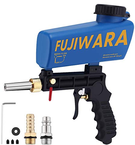 FUJIWARA Sand Blaster Gun Kit, Sandblaster with 2 Replaceable Tips Quick Connect, Works with All Blasting Abrasives–Professional Handheld Machine for Metal Rust Remove, Blue