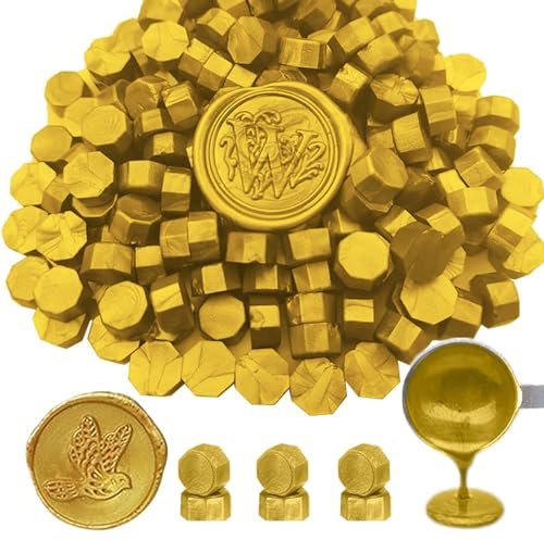 Perles de sceau de cire, ANBOSE Lot de 500 pièces perles de cire à cacheter octogonales avec 2 bougies et 1 cuillère à fusion de cire pour cachet de cire (Gold)