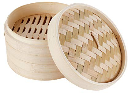 HANHAN Vaporera de bambú natural, cesta de cocción a vapor con 2 niveles con tapa, ideal para raviolis, verduras y tamaño sum (21 cm)