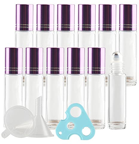 TIANZD 12 Stück Leere 10ml Transparent Glas Roller Flaschen mit Lila Alu Schraubverschluss, Roll-On Glasflaschen mit Glasroller für Ätherische Öle Essential Oil mit Trichter Öffner