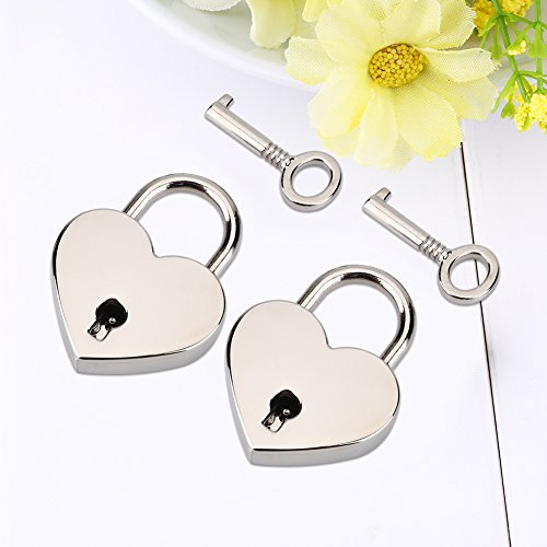 MOUMOUTEN 2Pcs Serrures en forme de coeur, Cadenas en forme de coeur en argent avec clés Petites serrures en argent vintage pour boîtes à bijoux Agendas Banques avec boîtes aux lettres