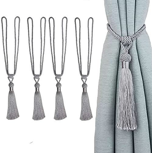 Vorhang Raffhalter Vorhang Seilquasten mit Fransen und Quaste handgefertigt für Haus Dekoration 4 Stück (Silver, 4)