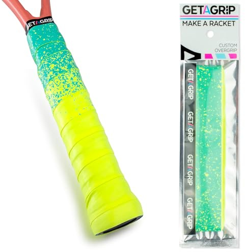 Get A Grip - Custom Tennis Racket Grip Tape - Anti-Slip/Quick-Drying Tennis Overgrips - Precut Badminton Racket Grip with Finishing Tape (Paint The Lines (Neon + Blue), 1 Grip)