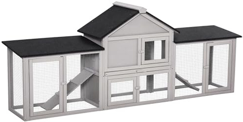 PawHut Grande gabbia per conigli da esterno in legno per 2-4 conigli con tetto in asfalto, recinto in filo metallico, vassoio rimovibile e rampe 210x45,5x84,5 cm Grigio e nero