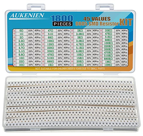 AUKENIEN 0805 SMD Widerstand Sortiment 45 Werte 1800 Stück 0R bis 10M Ohm Resistor 1/8W SMT Widerstände Kit mit ±5% Toleranz