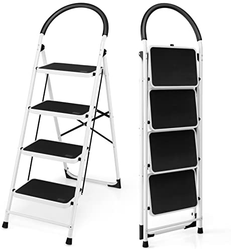 COSTWAY 3/4 Step Ladder, Folding Anti Slip Stepladder with Extra Wide Platform, Safe Lock and Rubber Hand Grip, 150kg Capacity Portable Safety Household Ladder Stool (4 Step)