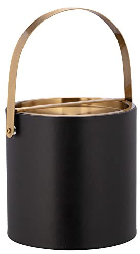 Kraftware SANTA BARBARA 3 Quart Ice Bucket with Brushed Gold Arch Handle & Bridge Cover: Black