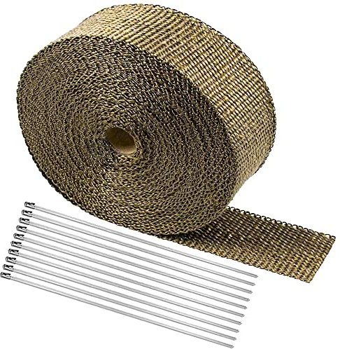 Benda Termica Moto, Arespark Nastro Termico Isolante, 5M D'oro Bende Termiche Moto Fatto di Fibre di Basalto con 10 Fascette Metalliche, per Collettori di Scarico Moto e Auto