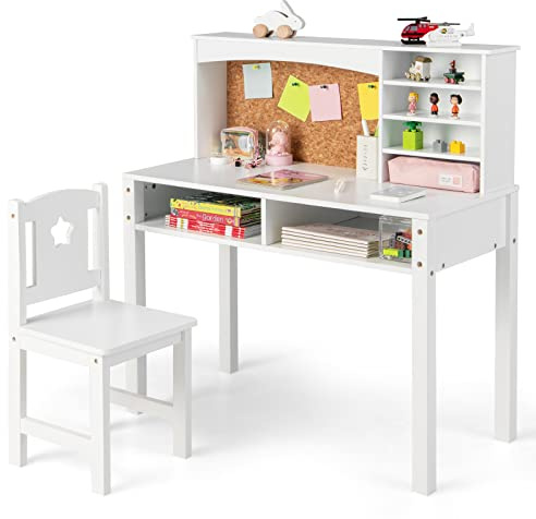 GYMAX Kids Desk and Chair Set, Wooden Children Study Table with Storage Space and Bulletin Board, Toddler Writing Desk Set for Boys Girls, 79 x 39 x 85 cm (White)