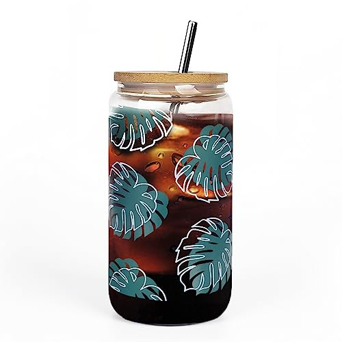 Extrogif Monstera Plant Gifts for Plant Lovers Women, Iced Coffee Glass Cups with Bamboo Lids and Straw, Beer Can Cup Drinking Glasses, Birthday Christmas Gifts for Gardeners Mom