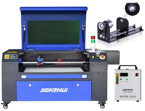80W CO2 Laser Graviermaschine Lasergravurmaschine,Laser Cutting Engraver Graveur,Autofokus,Wabenplatten,Ruida controller Laser Engraving Maschine 700mmx500mm & CW-3000 & Drehachse